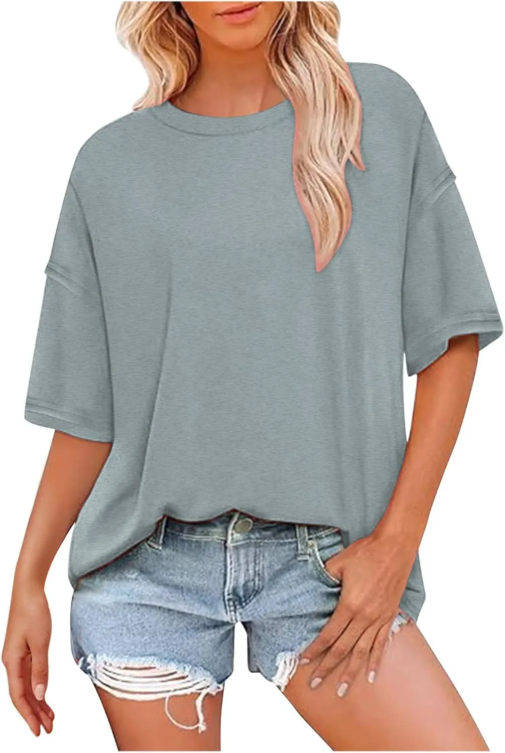 Oversized Tshirts for Women Patchwork Side Slit Summer Tops Casual Crewneck Short Sleeve Shirts Loose Fit Blouses
