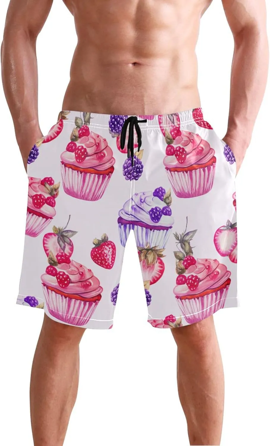 Personalized Swim Trunks for Men Watercolor Cupcakes Berries Pink Swimming Board Shorts Swimwear Bathing Suit S