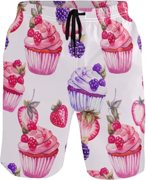 Personalized Swim Trunks for Men Watercolor Cupcakes Berries Pink Swimming Board Shorts Swimwear Bathing Suit S