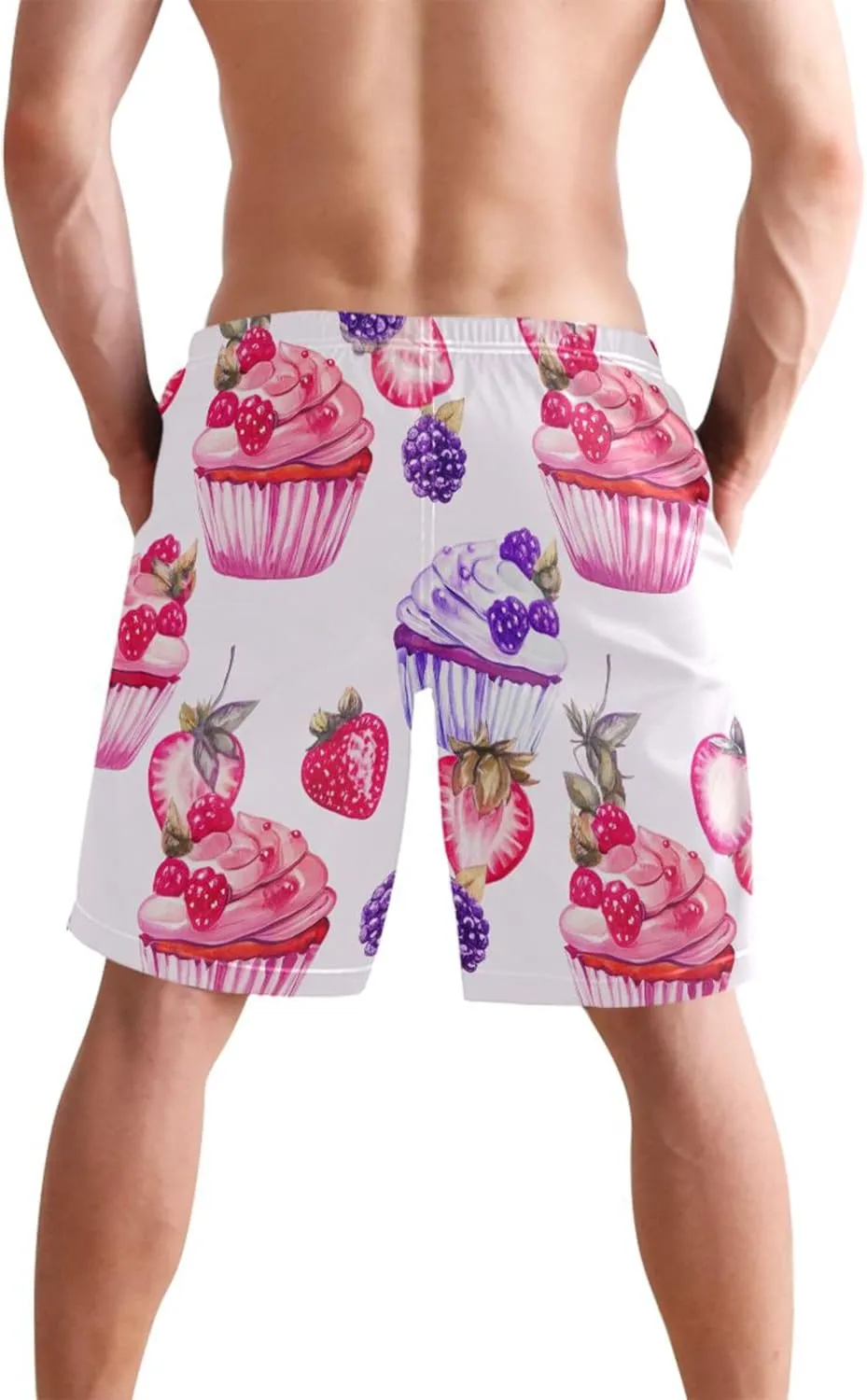 Personalized Swim Trunks for Men Watercolor Cupcakes Berries Pink Swimming Board Shorts Swimwear Bathing Suit S