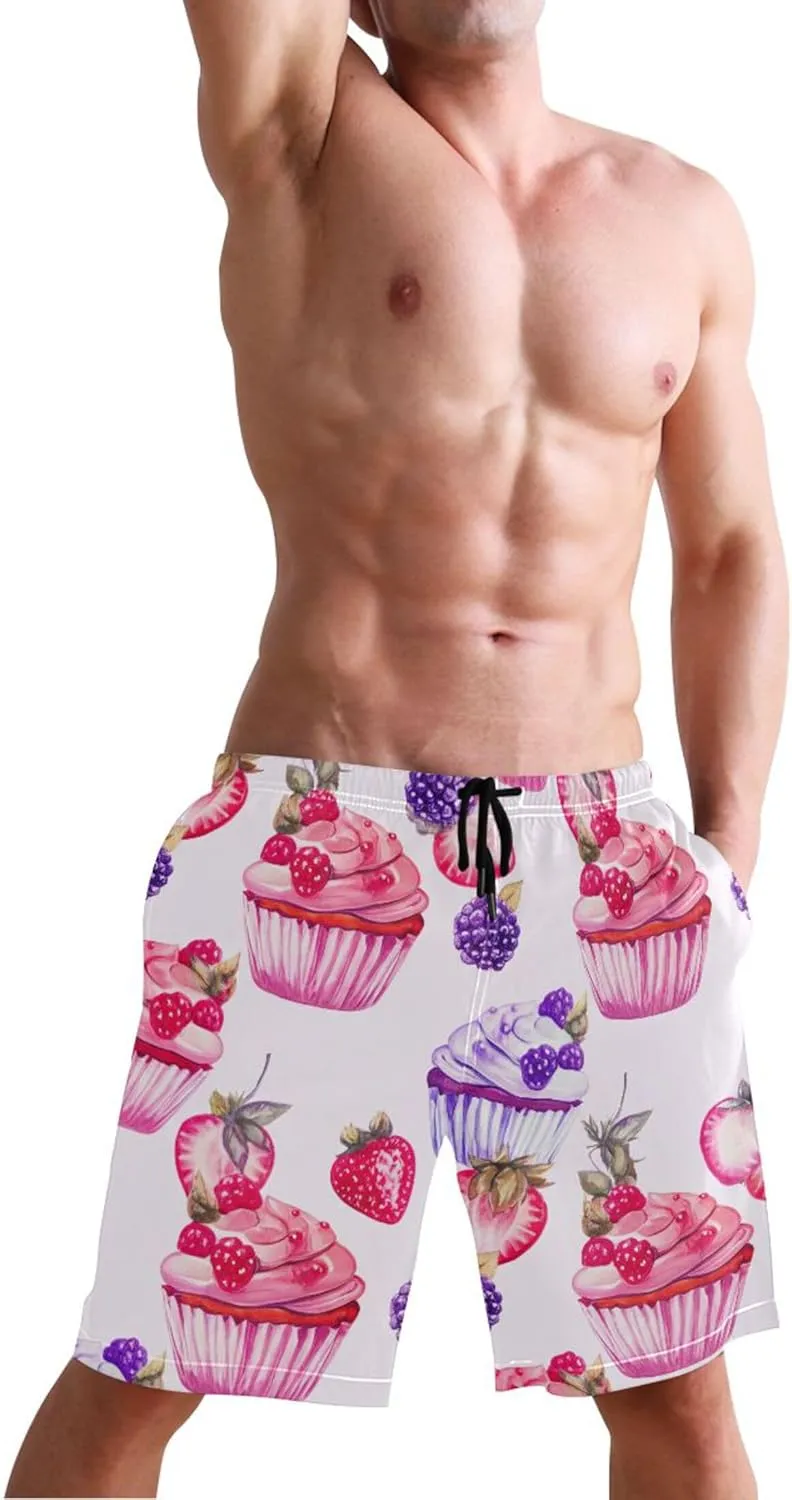 Personalized Swim Trunks for Men Watercolor Cupcakes Berries Pink Swimming Board Shorts Swimwear Bathing Suit S