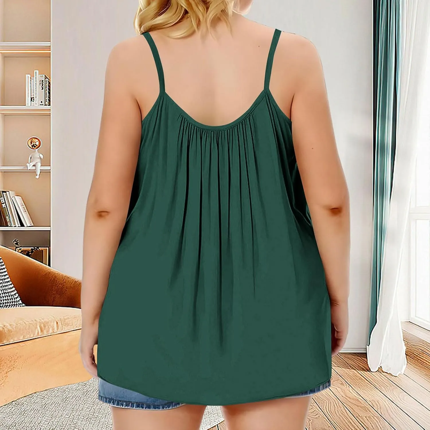 Plus Size Sleeveless Tops for Women Summer Spaghetti Strap Camisole Pleated Front Casual Loose Flowy Tank Tops