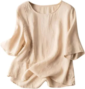 Plus Size Womens Linen Tops Solid Color Loose Half Length Sleeves T-Shirts Round Neck Lightweigt Comfy Summer Tees