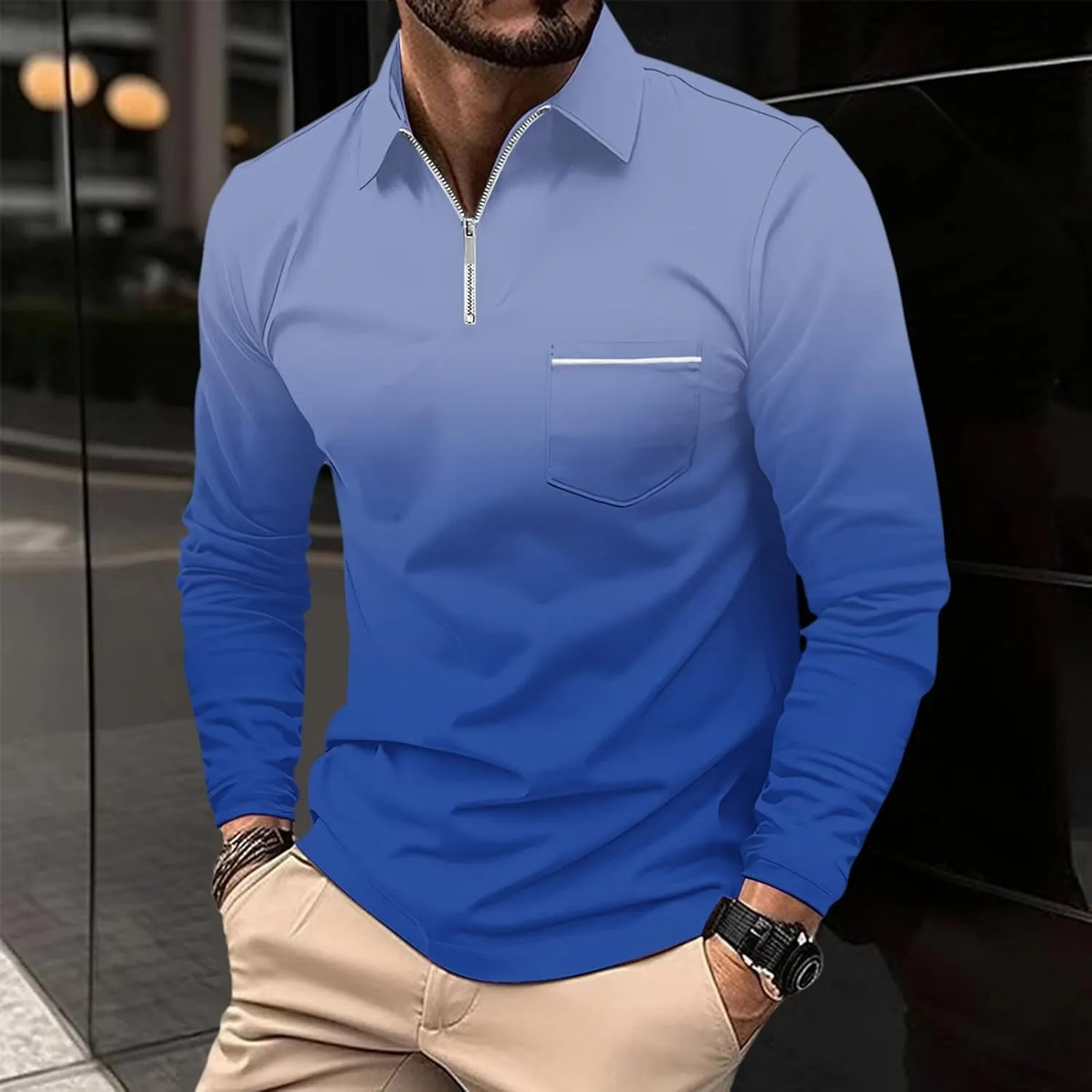 Polo Shirts for Men Long Sleeve Striped Business Casual Shirts Fashion Color Block Golf Polo Shirt Tops