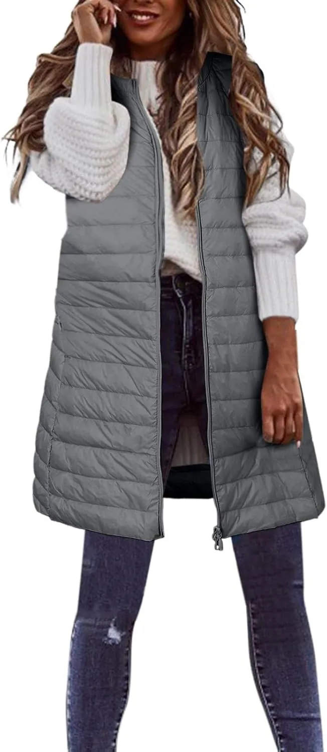 Puffer Vest for Women Sleeveless Round Neck Y2K Mid Length Full Zip Up Plain Down Coat Jacket Autumn Thin Casual with Pocket