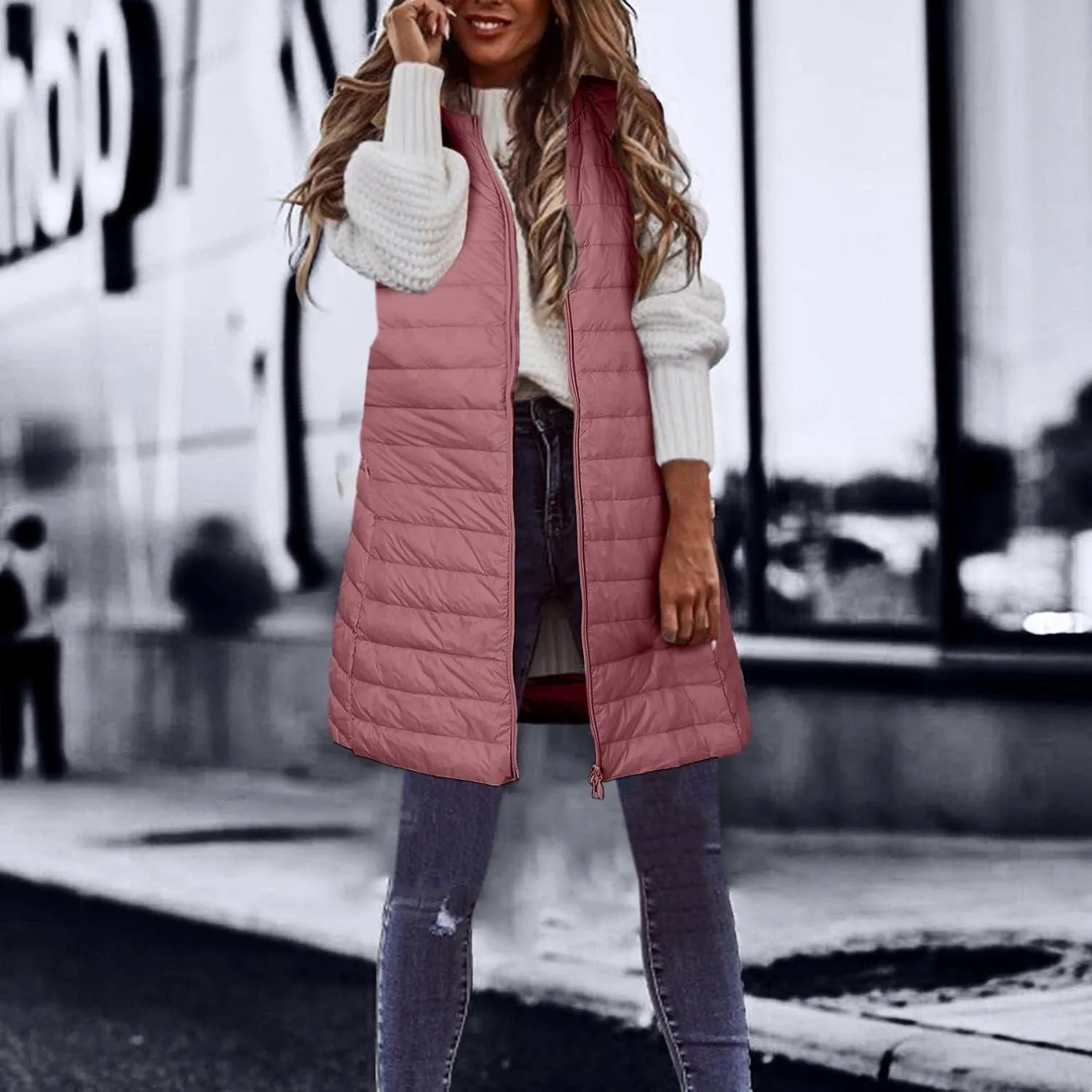 Puffer Vest for Women Sleeveless Round Neck Y2K Mid Length Full Zip Up Plain Down Coat Jacket Autumn Thin Casual with Pocket