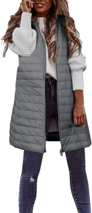 Puffer Vest for Women Sleeveless Round Neck Y2K Mid Length Full Zip Up Plain Down Coat Jacket Autumn Thin Casual with Pocket