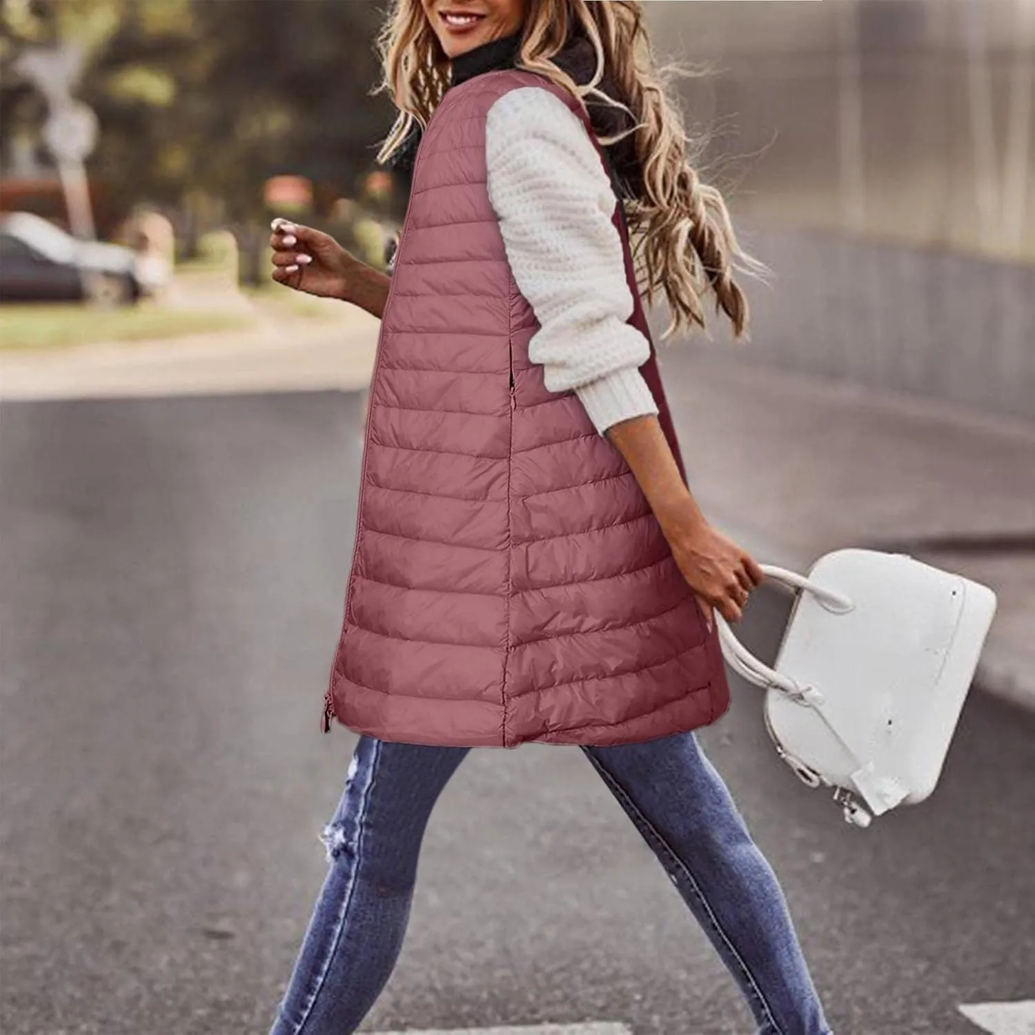 Puffer Vest for Women Sleeveless Round Neck Y2K Mid Length Full Zip Up Plain Down Coat Jacket Autumn Thin Casual with Pocket