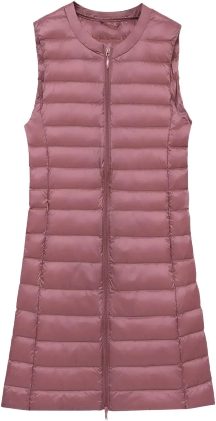 Puffer Vest for Women Sleeveless Round Neck Y2K Mid Length Full Zip Up Plain Down Coat Jacket Autumn Thin Casual with Pocket