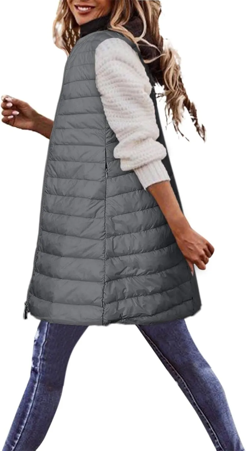 Puffer Vest for Women Sleeveless Round Neck Y2K Mid Length Full Zip Up Plain Down Coat Jacket Autumn Thin Casual with Pocket
