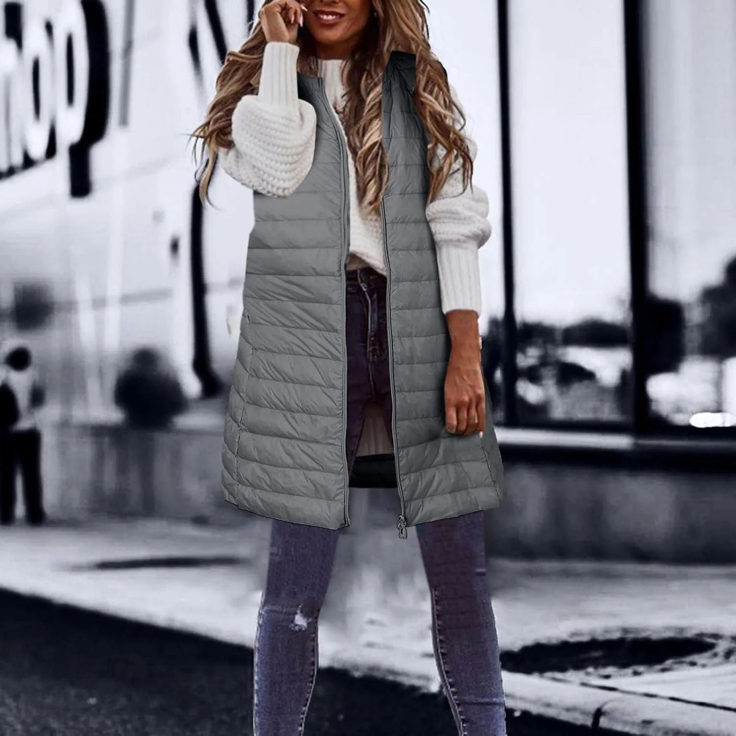 Puffer Vest for Women Sleeveless Round Neck Y2K Mid Length Full Zip Up Plain Down Coat Jacket Autumn Thin Casual with Pocket