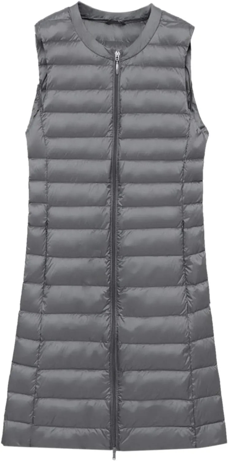 Puffer Vest for Women Sleeveless Round Neck Y2K Mid Length Full Zip Up Plain Down Coat Jacket Autumn Thin Casual with Pocket