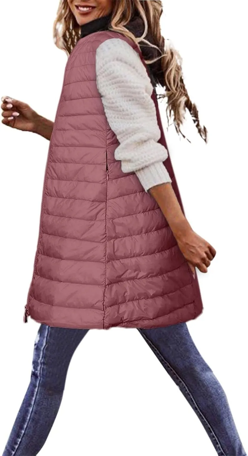 Puffer Vest for Women Sleeveless Round Neck Y2K Mid Length Full Zip Up Plain Down Coat Jacket Autumn Thin Casual with Pocket