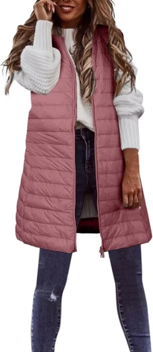 Puffer Vest for Women Sleeveless Round Neck Y2K Mid Length Full Zip Up Plain Down Coat Jacket Autumn Thin Casual with Pocket