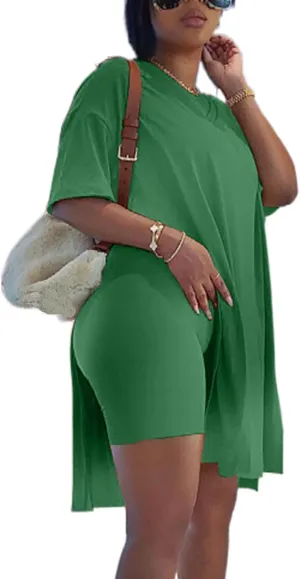 qfmqkpi Women’s Casual 2 Piece Outfits V Neck Side Split Tops and Shorts Set Tracksuit