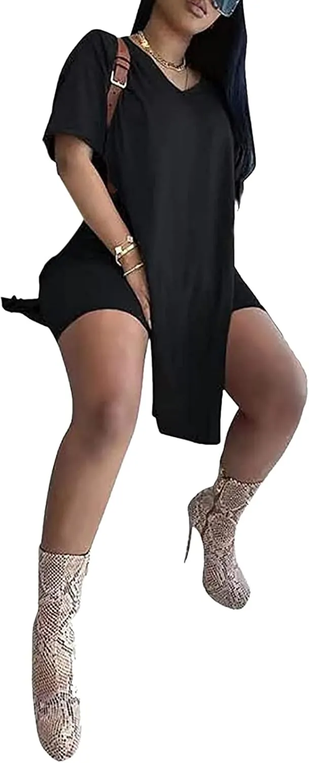 qfmqkpi Women’s Casual 2 Piece Outfits V Neck Side Split Tops and Shorts Set Tracksuit