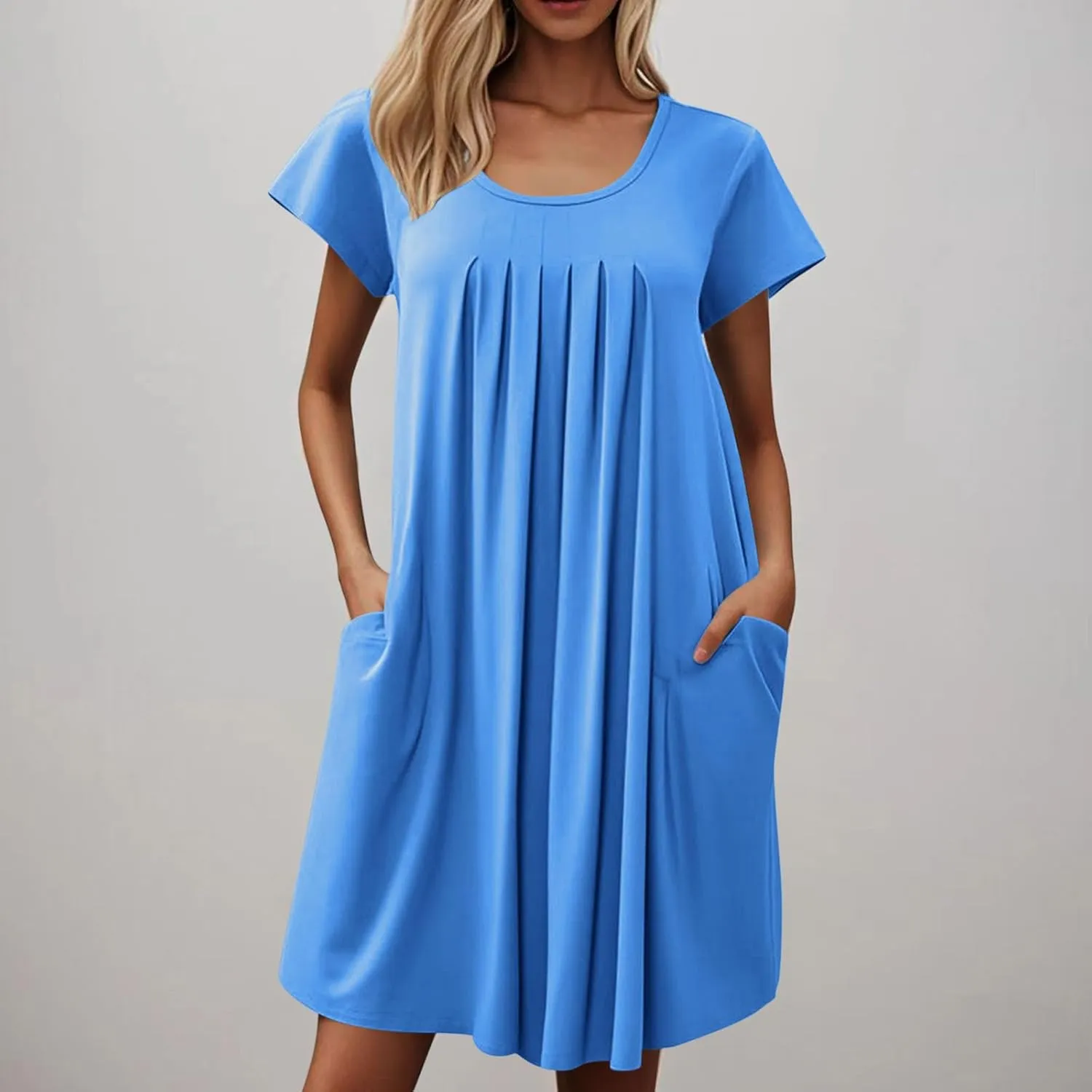 QIGUAND Women Pleats Draped T Shirt Dress Summer Short Sleeve Crewneck Mini Dresses Casual Comfy Loungewear Pjs Tunic Dress