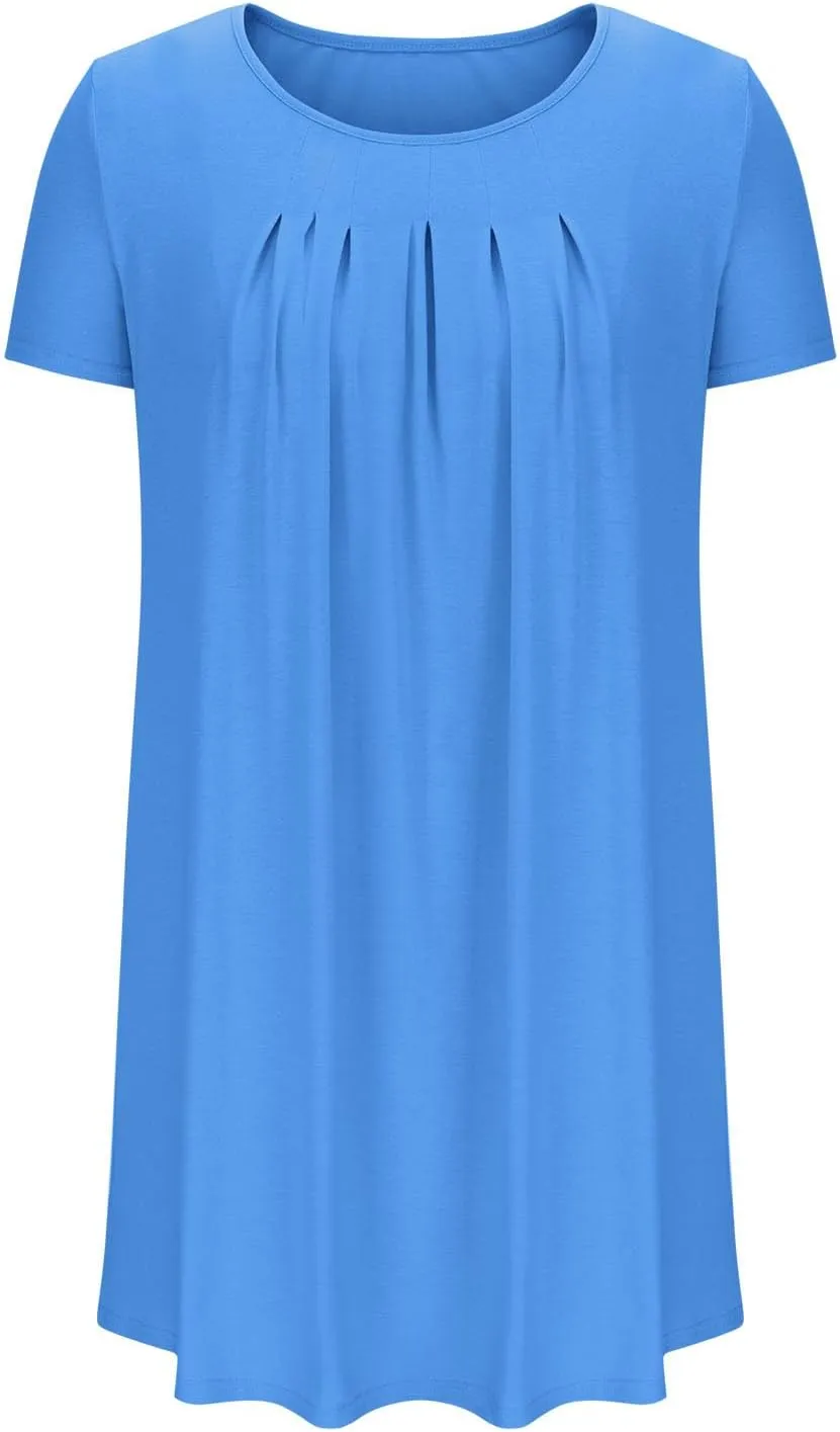 QIGUAND Women Pleats Draped T Shirt Dress Summer Short Sleeve Crewneck Mini Dresses Casual Comfy Loungewear Pjs Tunic Dress