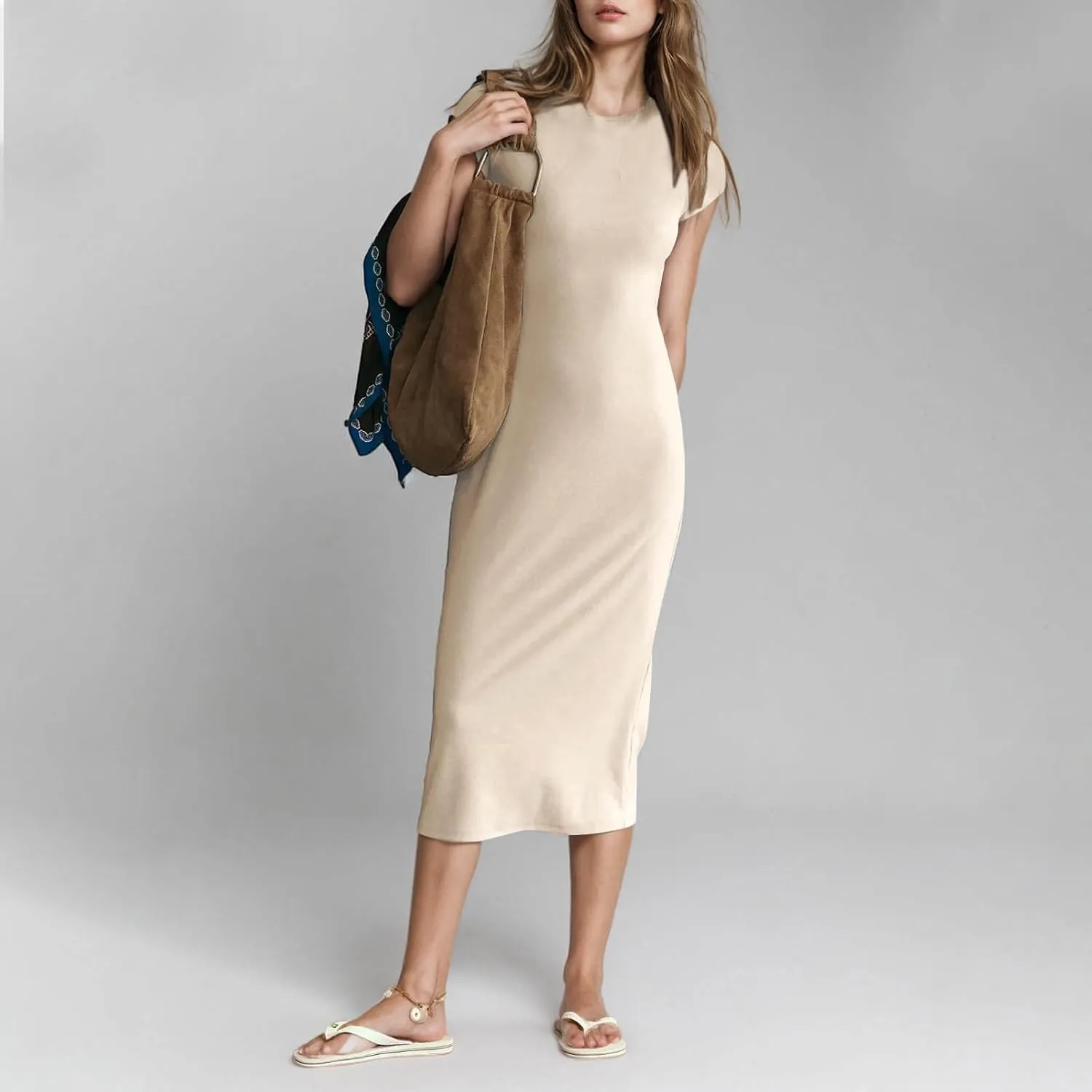 QIGUAND Women Soft Comfy Fitted Midi Dress Summer Short Sleeve Crewneck T Shirt Dresses Casual Basic Loungewear Nightdress