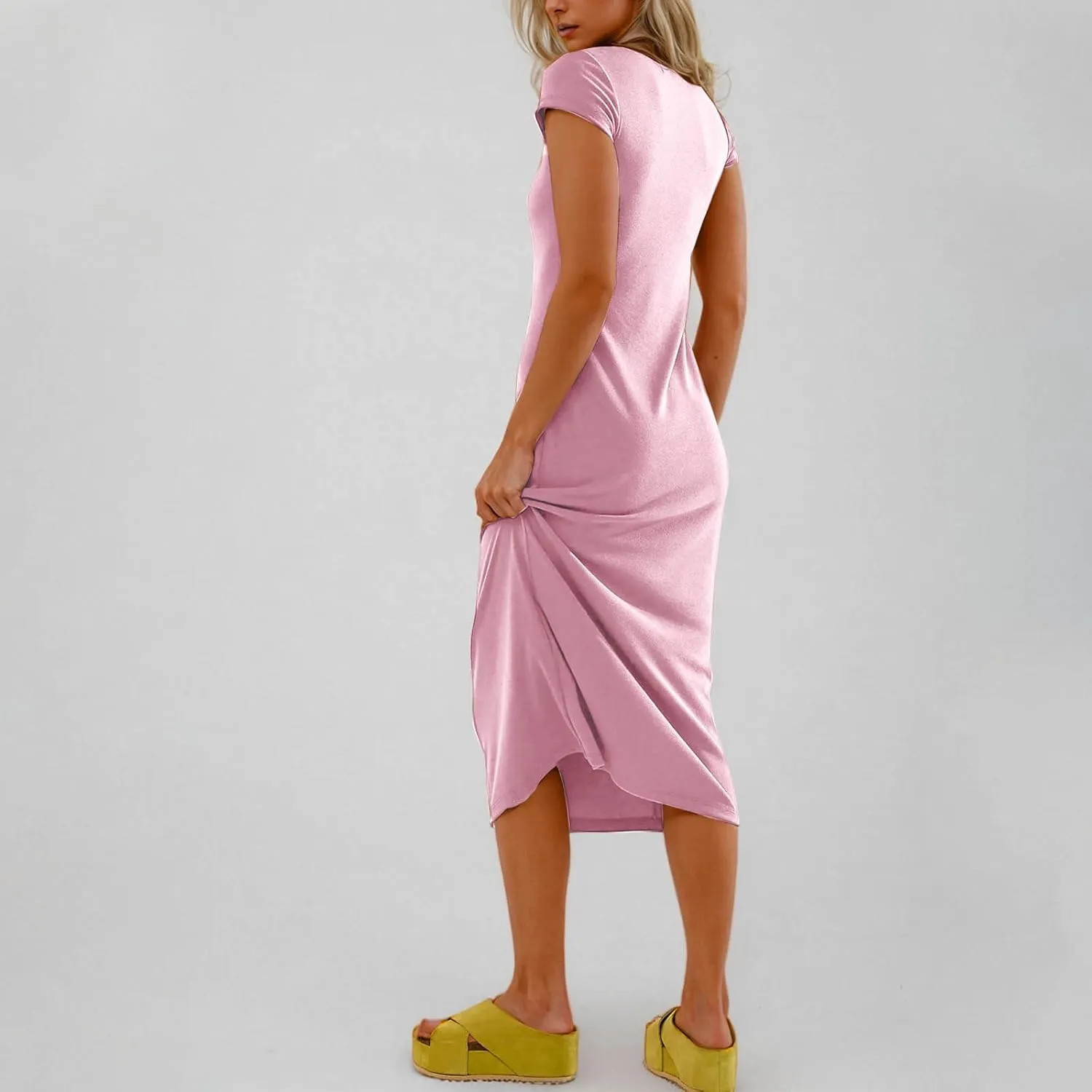 QIGUAND Women Soft Comfy Fitted Midi Dress Summer Short Sleeve Crewneck T Shirt Dresses Casual Basic Loungewear Nightdress