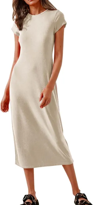 QIGUAND Women Soft Comfy Fitted Midi Dress Summer Short Sleeve Crewneck T Shirt Dresses Casual Basic Loungewear Nightdress