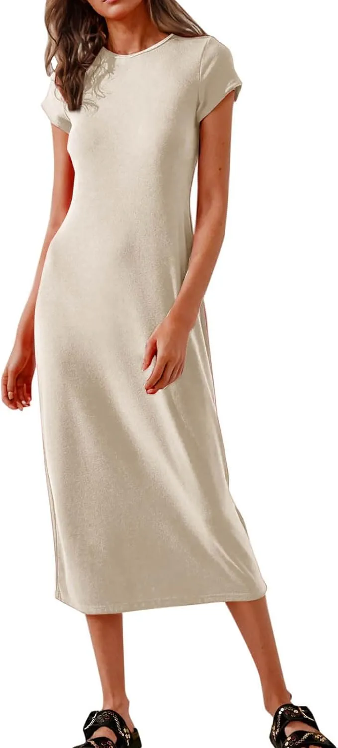 QIGUAND Women Soft Comfy Fitted Midi Dress Summer Short Sleeve Crewneck T Shirt Dresses Casual Basic Loungewear Nightdress