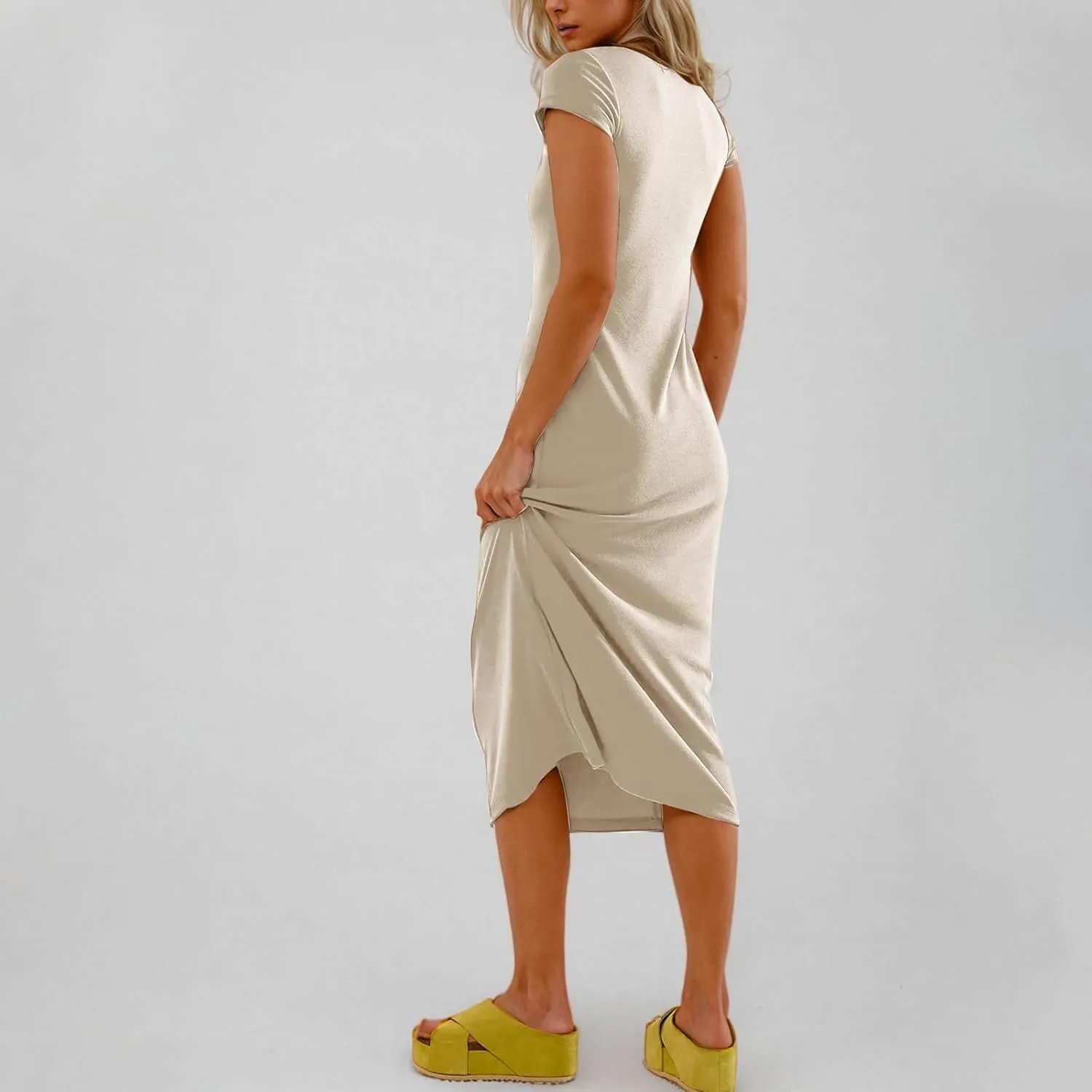 QIGUAND Women Soft Comfy Fitted Midi Dress Summer Short Sleeve Crewneck T Shirt Dresses Casual Basic Loungewear Nightdress