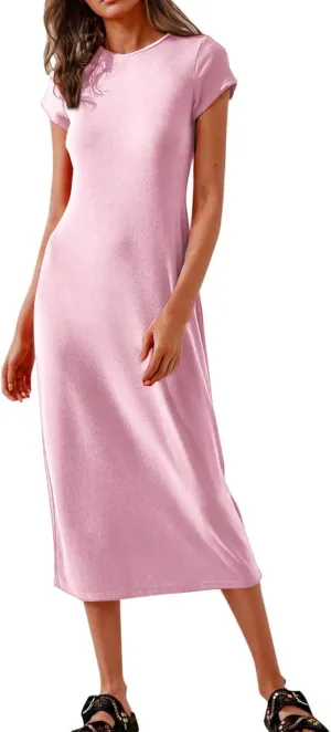 QIGUAND Women Soft Comfy Fitted Midi Dress Summer Short Sleeve Crewneck T Shirt Dresses Casual Basic Loungewear Nightdress