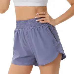 Running Shorts for Women Elastic High Waisted Athletic Shorts Quick Dry Gym Workout Shorts Dolphin Shorts with Zipper Pockets Purple Gray XL