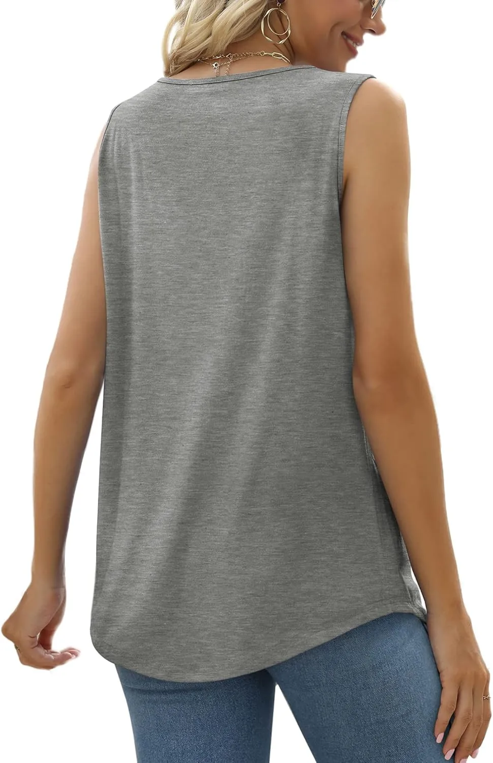 Saloogoe Summer Tank Tops for Women Loose Fit Pleated Square Neck Sleeveless Tops Curved Hem Flowy