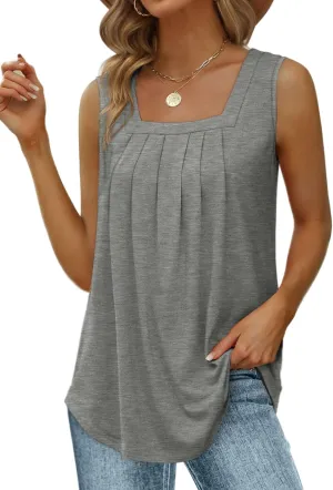 Saloogoe Summer Tank Tops for Women Loose Fit Pleated Square Neck Sleeveless Tops Curved Hem Flowy