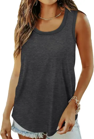 Saloogoe Womens Tank Tops Summer Loose Sleeveless Tops Ribbed Trim Scoop Neck Curved Hem 2024