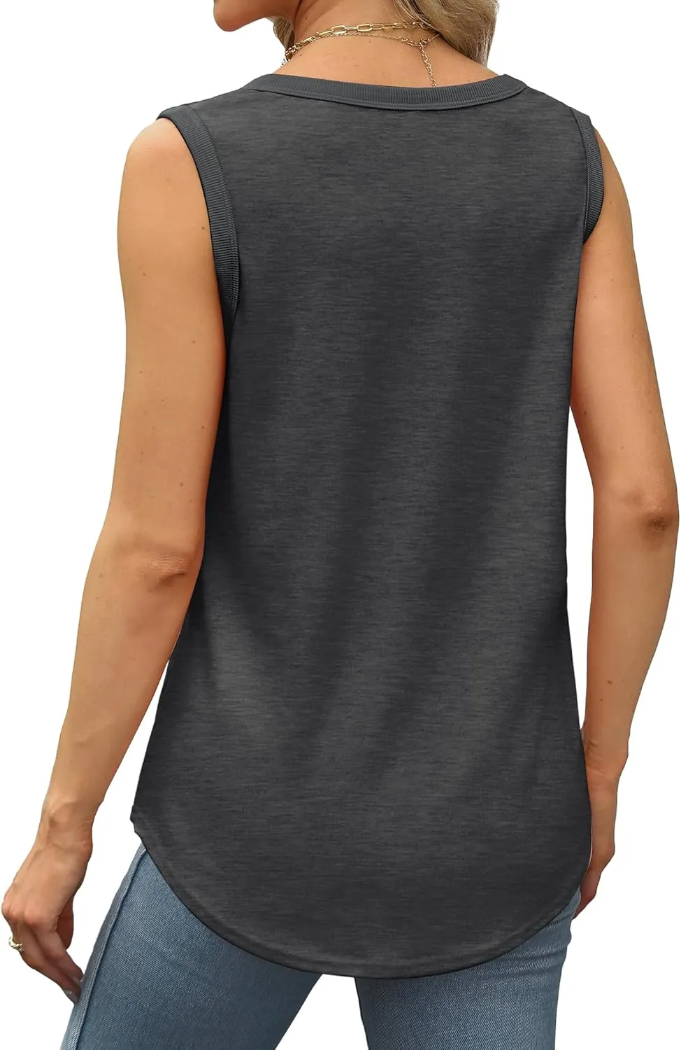 Saloogoe Womens Tank Tops Summer Loose Sleeveless Tops Ribbed Trim Scoop Neck Curved Hem 2024