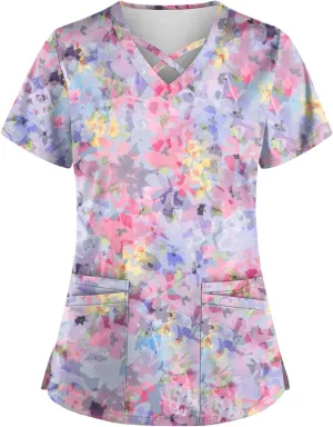 Scrubs for Women Print Criss Cross V Neck Working T-Shirts Short Sleeve Fashion T Shirts Summer Nurse Uniforms