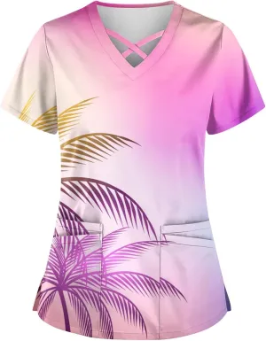 Scrubs for Women Print Criss Cross V Neck Working T-Shirts Short Sleeve Fashion T Shirts Summer Nurse Uniforms