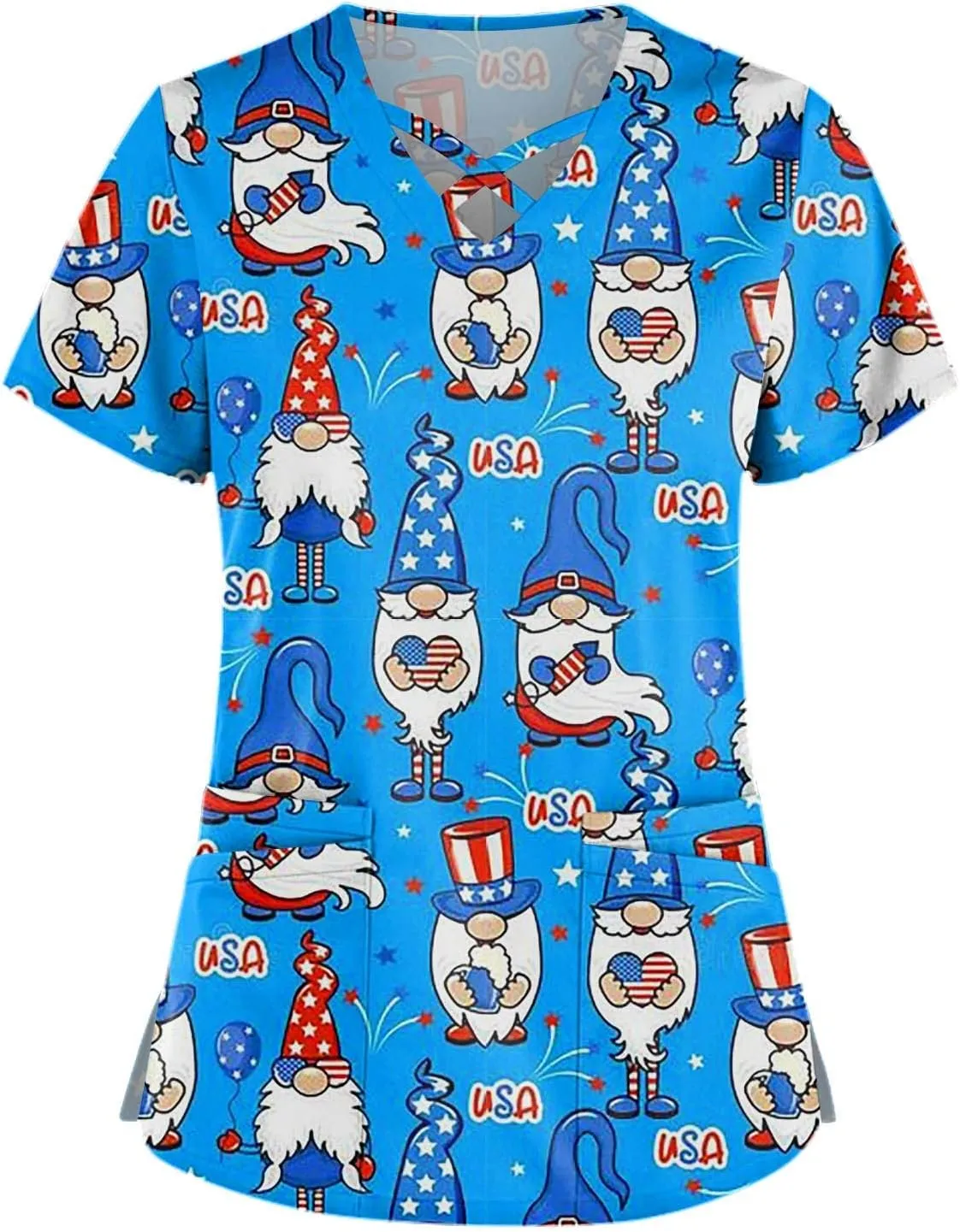 Scrubs for Women Print Criss Cross V Neck Working T-Shirts Short Sleeve Fashion T Shirts Summer Nurse Uniforms