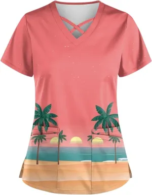 Scrubs for Women Print Criss Cross V Neck Working T-Shirts Short Sleeve Fashion T Shirts Summer Nurse Uniforms