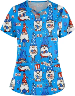 Scrubs for Women Print Criss Cross V Neck Working T-Shirts Short Sleeve Fashion T Shirts Summer Nurse Uniforms