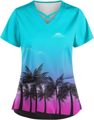 Scrubs for Women Print Criss Cross V Neck Working T-Shirts Short Sleeve Fashion T Shirts Summer Nurse Uniforms