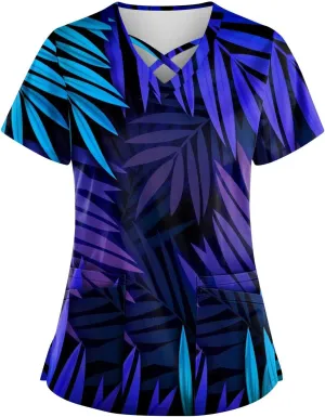 Scrubs for Women Print Criss Cross V Neck Working T-Shirts Short Sleeve Fashion T Shirts Summer Nurse Uniforms