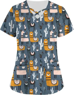 Scrubs for Women Short Sleeve Print T Shirts Criss Cross V Neck Fashion Working T-Shirts Summer Nurse Uniforms