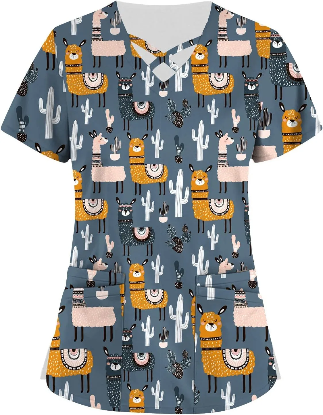 Scrubs for Women Short Sleeve Print T Shirts Criss Cross V Neck Fashion Working T-Shirts Summer Nurse Uniforms