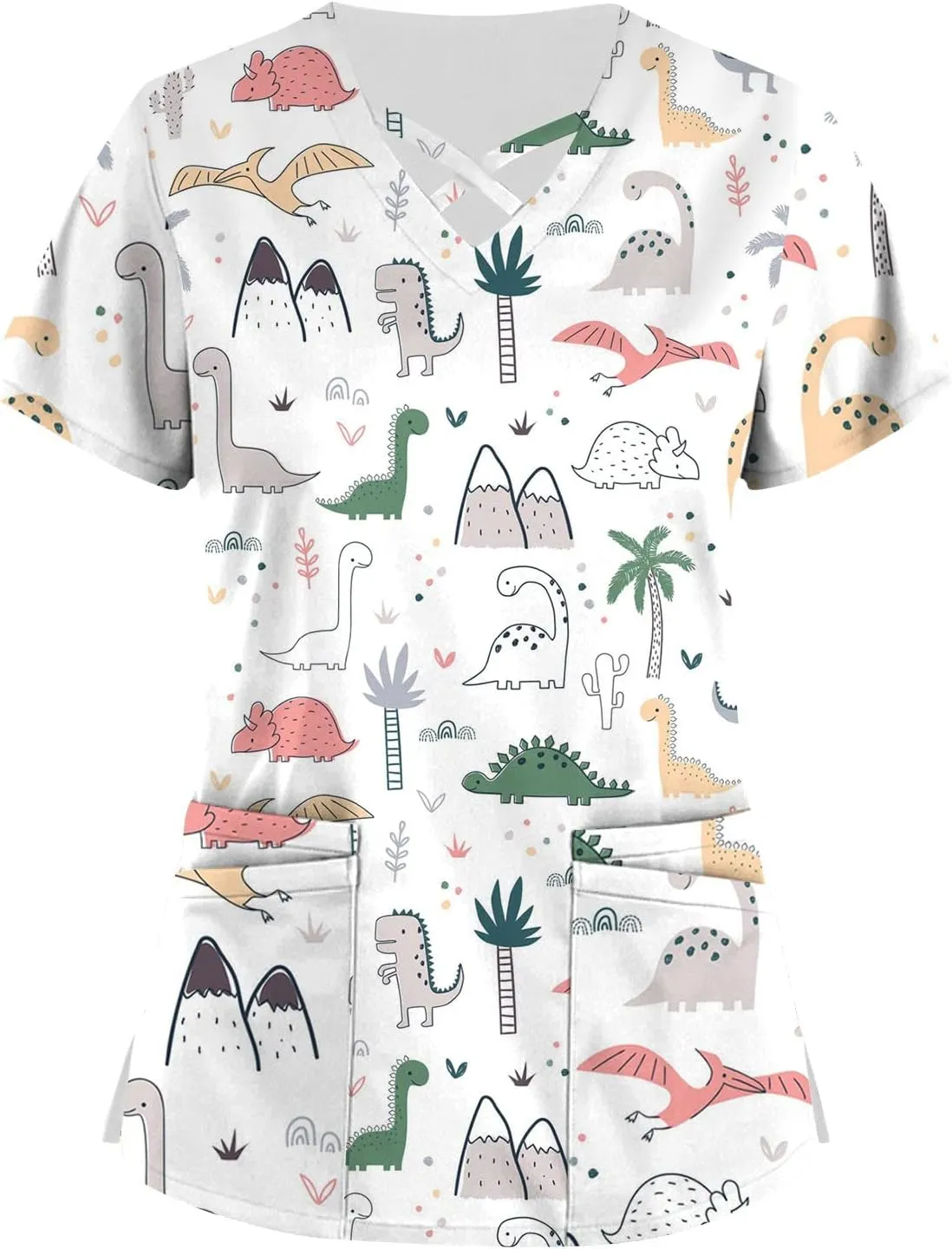 Scrubs for Women Short Sleeve Print T Shirts Criss Cross V Neck Fashion Working T-Shirts Summer Nurse Uniforms
