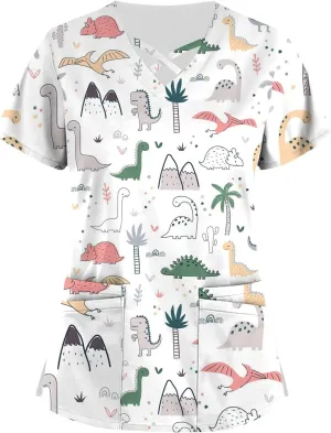 Scrubs for Women Short Sleeve Print T Shirts Criss Cross V Neck Fashion Working T-Shirts Summer Nurse Uniforms