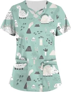 Scrubs for Women Short Sleeve Print T Shirts Criss Cross V Neck Fashion Working T-Shirts Summer Nurse Uniforms