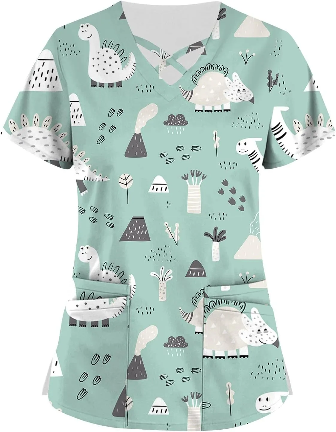 Scrubs for Women Short Sleeve Print T Shirts Criss Cross V Neck Fashion Working T-Shirts Summer Nurse Uniforms