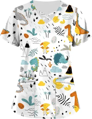 Scrubs for Women Short Sleeve Print T Shirts Criss Cross V Neck Fashion Working T-Shirts Summer Nurse Uniforms