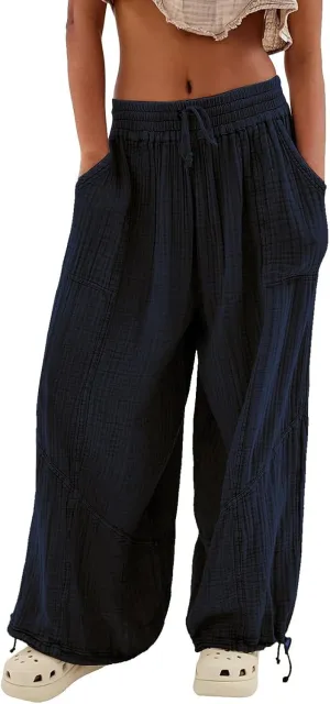 SHAOBGE Linen Pants Women Summer Women's Cargo Pants Baggy Wide Leg Pants Black Loose High Waist Trendy Pants