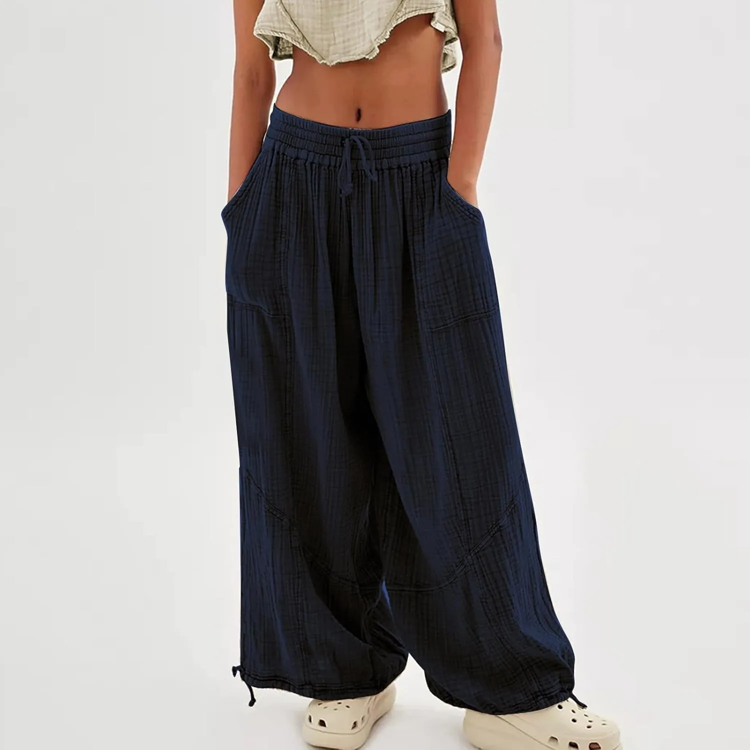 SHAOBGE Linen Pants Women Summer Women's Cargo Pants Baggy Wide Leg Pants Black Loose High Waist Trendy Pants