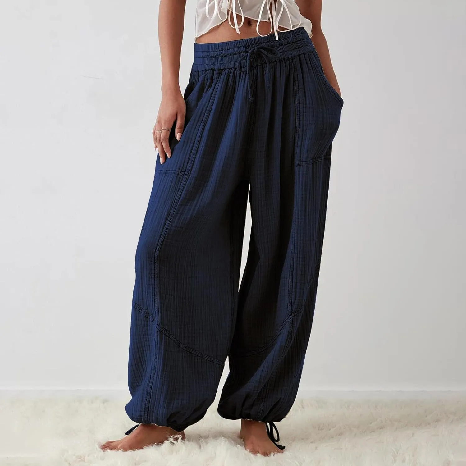 SHAOBGE Linen Pants Women Summer Women's Cargo Pants Baggy Wide Leg Pants Black Loose High Waist Trendy Pants